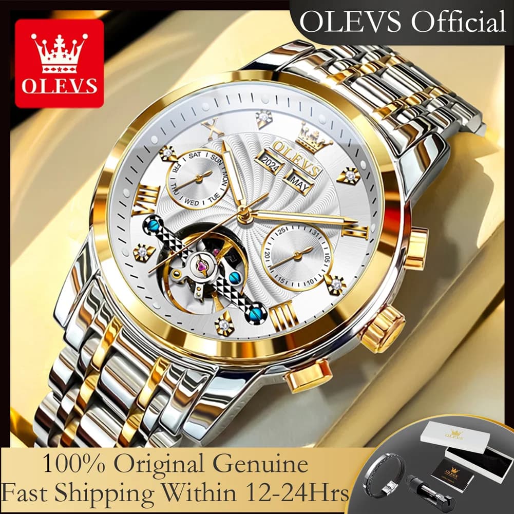 OLEVS 7088 Men's Luxury Automatic mechanical watches Skeleton Volano Calendar Week Watch Businessman's Watches