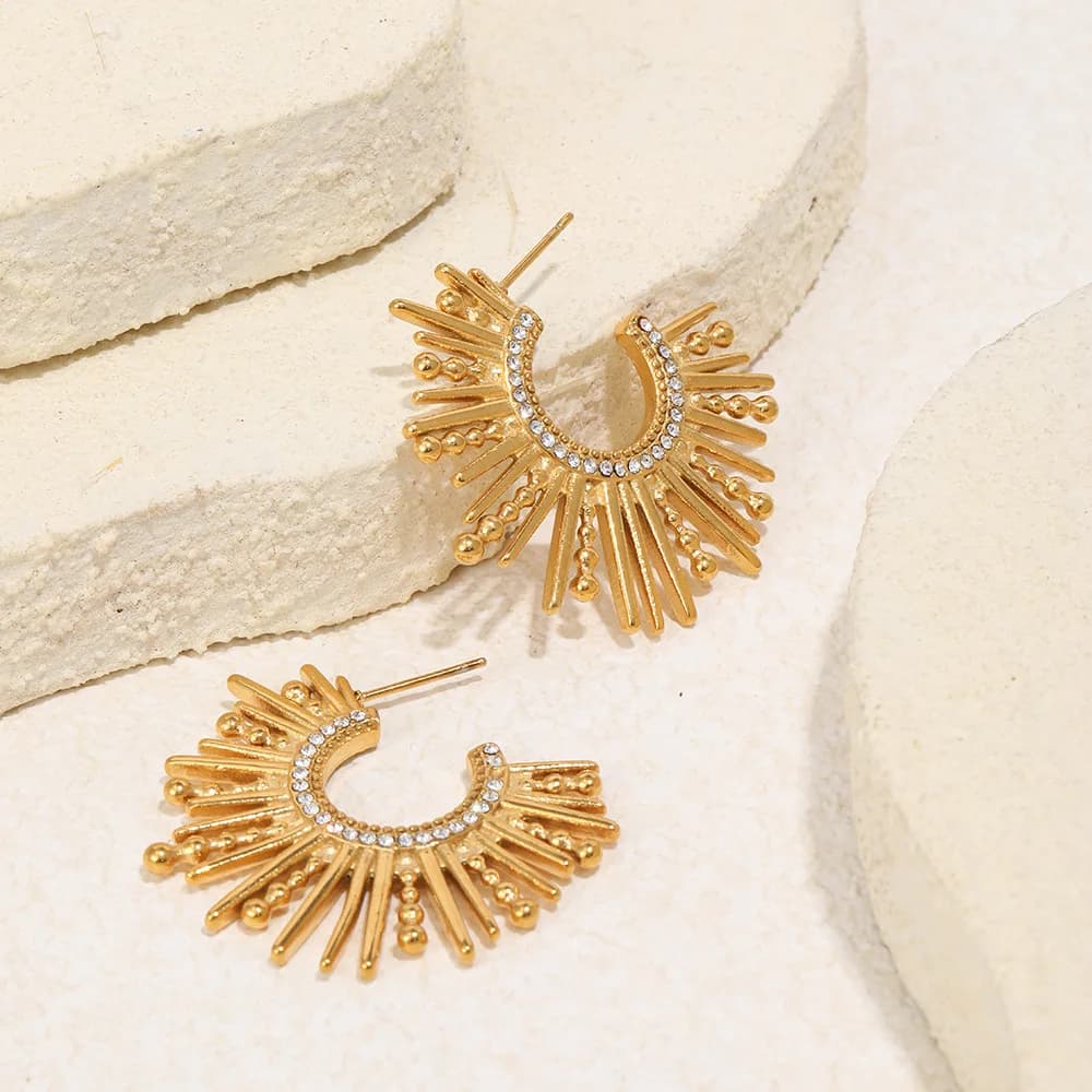 Orecchini a Cerchio in Acciaio Inossidabile Placcato Oro 18K PVD con Texture a Raggi di Sole, Gioiello Regalo per Donne