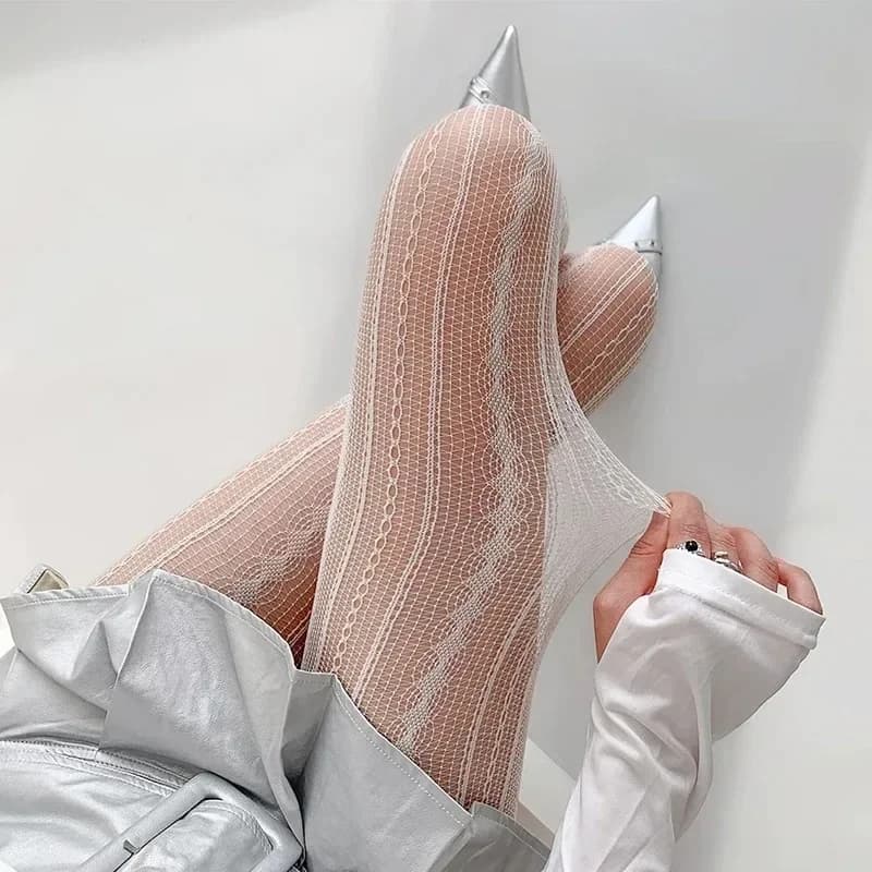 Collant a rete da donna Lolita Gothic con motivo geometrico a righe, in pizzo a rete, senza cuciture, per Cosplay e outfit alla moda