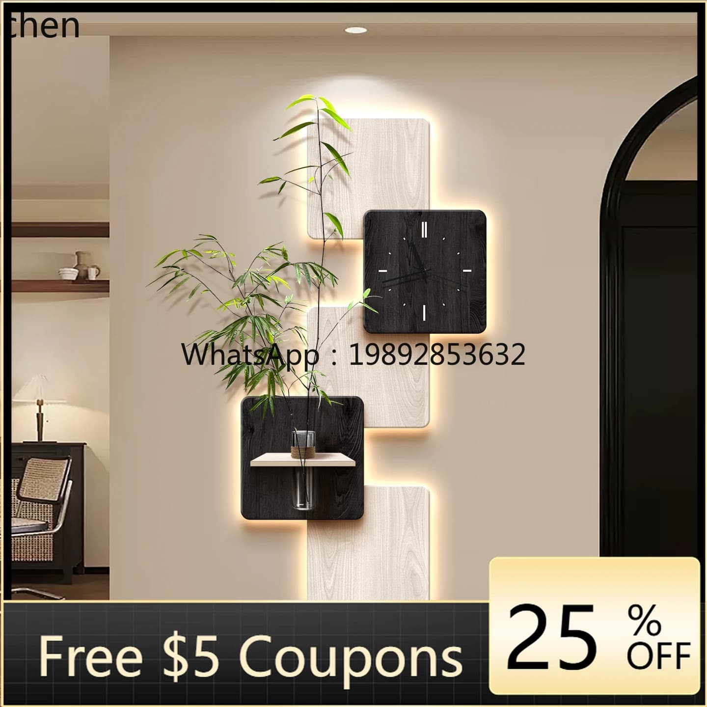 AB Entrance Decorative Painting Hydroponic Green Plant Entrance Art Wall hanging with Clock and Wall Lamp