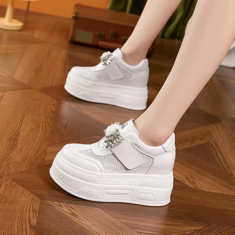 Scarpe Bianche da Donna con Suola Spessa, Nuove Scarpe Versatili Traspiranti in Rete, Scarpe con Strass alla Moda con Rialzo Interno