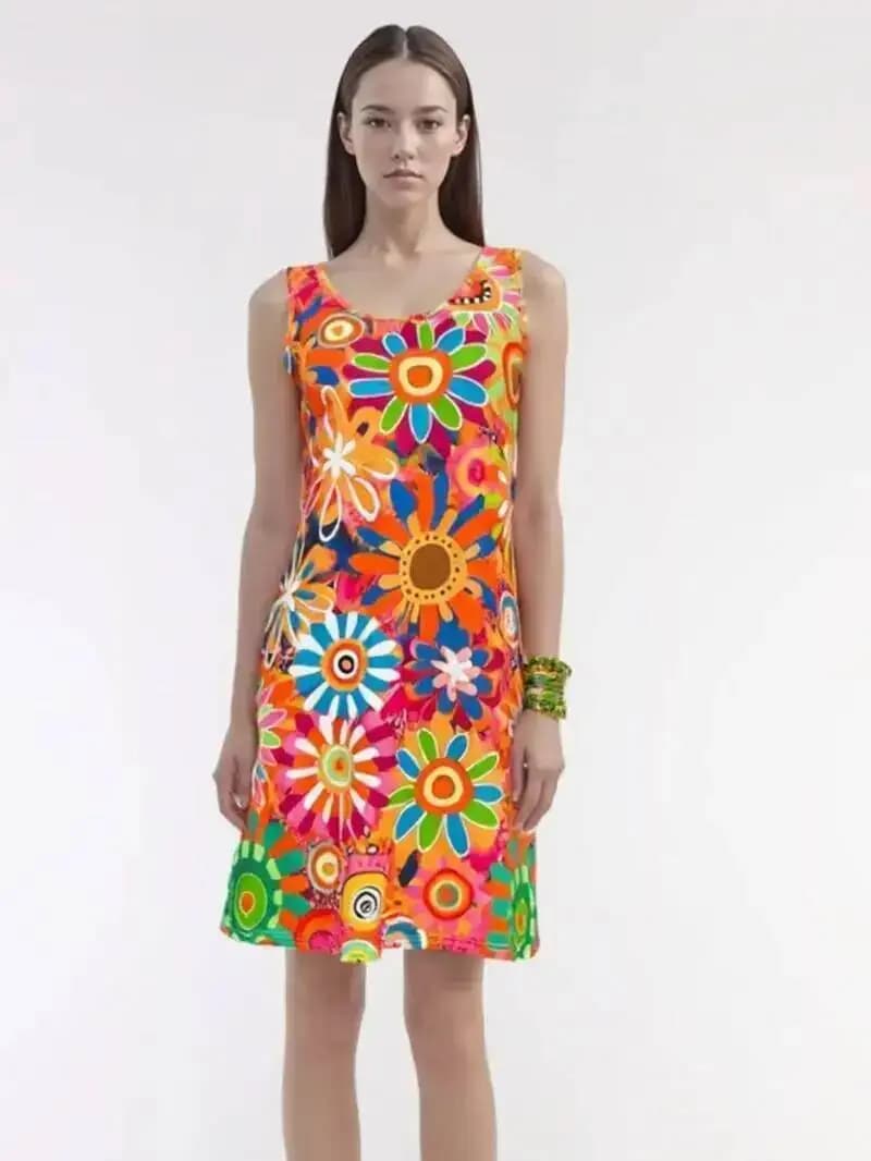 Abito senza maniche con stampa floreale vivace da donna, abito stile vacanza primavera/estate, mini abito canotta alla moda da donna VMA8