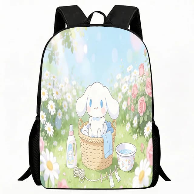 Zaino per bambini con stampa simpatico cucciolo e giorno della lavanderia, zaino per la scuola con design prato cartoonesco con margherite e rose, leggero e resistente