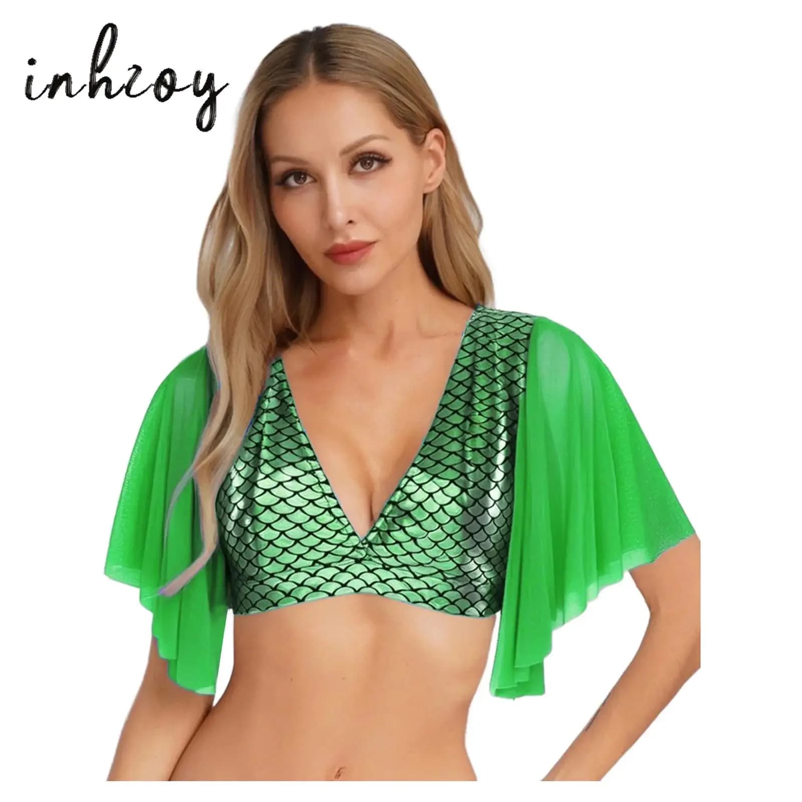 Top corto da donna con stampa a squame di pesce a sirena, top corto con scollo a V, t-shirt corta a maniche corte in rete per feste a tema, top da nuoto