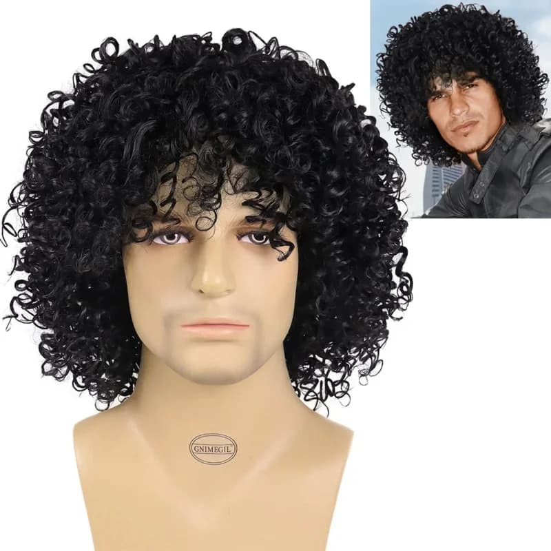 Parrucche sintetiche corte per uomo Acconciatura naturale riccia nera Cosplay maschile Halloween Famiglia Costume Party Parrucca per uso quotidiano SV1731x;3,v