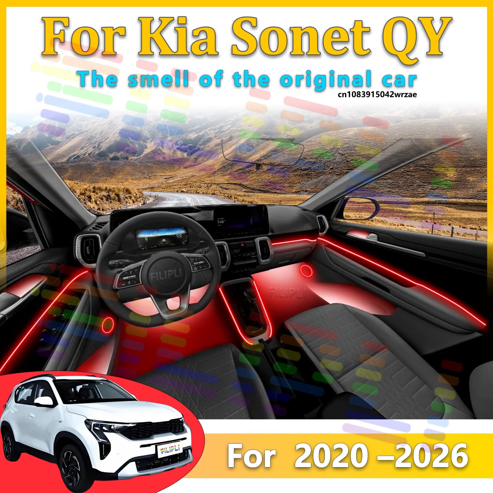 Luci Ambientali LED per Kia Sonet QY 2020-2026, Illuminazione Atmosferica Colorata, Striscia Neon per Interni Auto, Controllo App, 64 Luci RGB