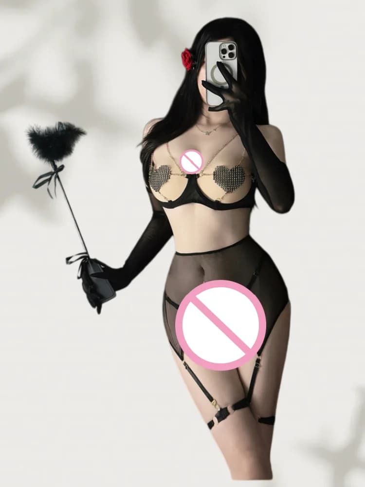 Completo Intimo Erotico da Donna Stile Europeo e Americano, Sexy, a Tre Punti, con Reggiseno a Cuore Allacciato e Catena che Avvolge i Fianchi