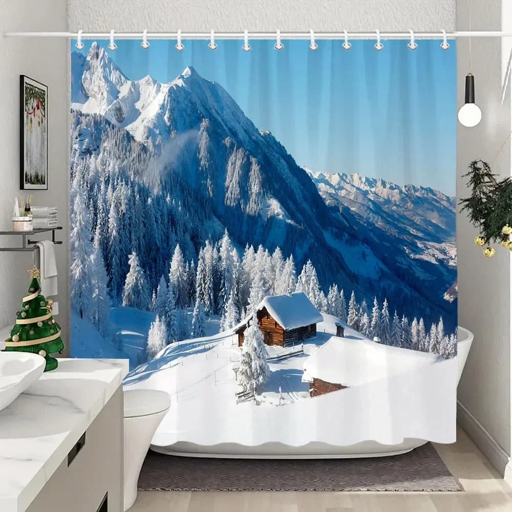 Tenda da doccia invernale per esterni foresta, neve, fattoria, paesaggio di montagna, tessuto in poliestere, tende da doccia lavabili, arredamento per il bagno