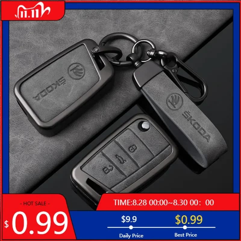Custodia Protettiva per Chiave Auto in Lega di Zinco e Pelle, Accessorio Decorativo per Skoda Octavia