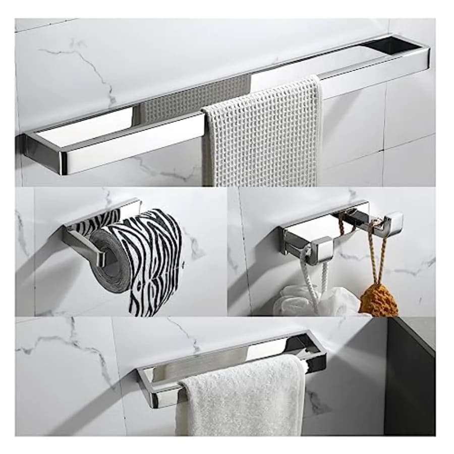 Set di 4 Accessori per Bagno in Cromo Lucido, Kit Portasciugamani Quadrato in Acciaio Inox da Parete
