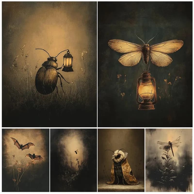 (No frame)Vintage Insect Dark Antique Melancholy Moth,Beetle with Lantern Aesthetic Poster Canvas Painting Wall Art Pictures