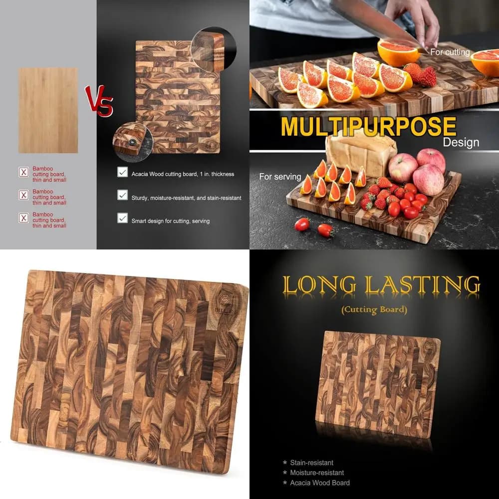 Tagliere reversibile in legno di acacia, piedini antiscivolo, blocco da macellaio da cucina per carichi pesanti 16x12x1 pollici