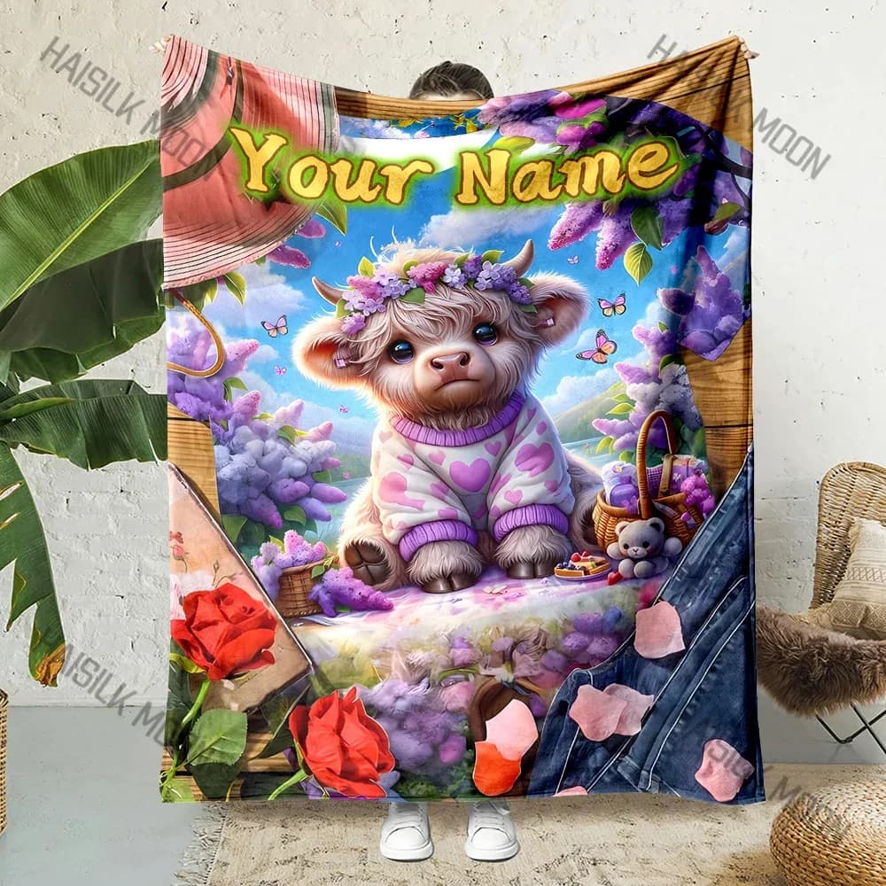1 pezzo di nomi personalizzati personalizzati con stampa di bestiame e fiori delle Highland per divano di casa, coperta da spiaggia da campeggio da viaggio all'aperto