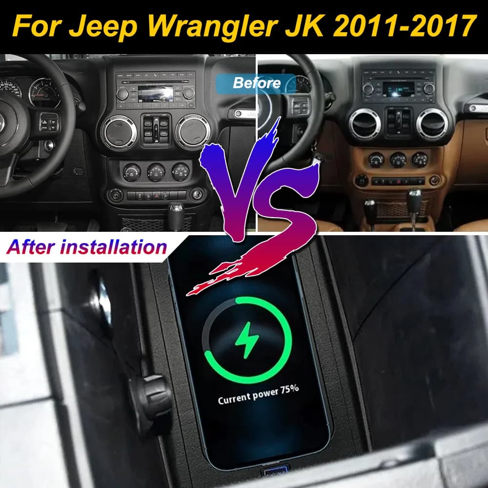 Caricatore wireless 2Din per Jeep Wrangler JK 2011-2017, supporto per telefono cellulare con ricarica rapida 18W per iPhone, da installare nella console centrale.