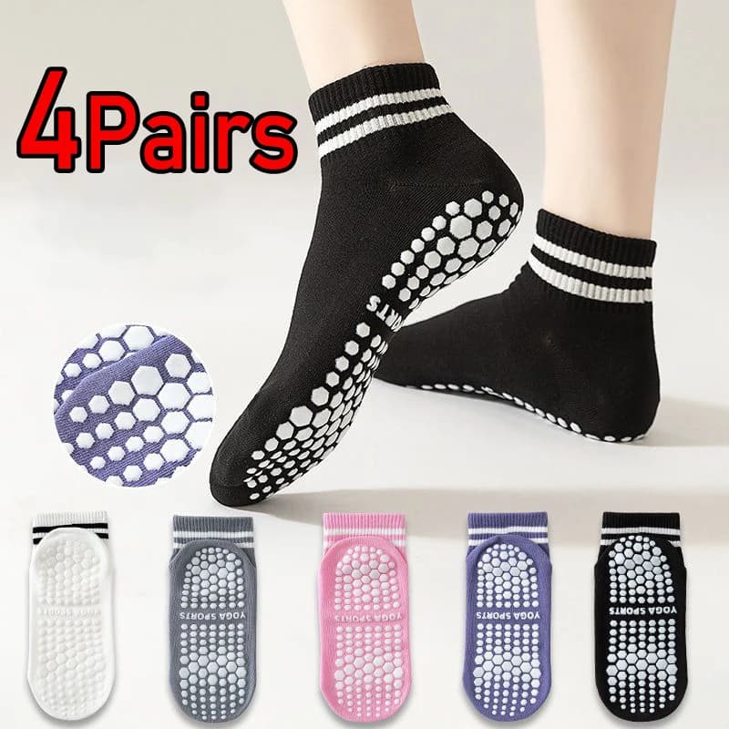 4 Pairs Silicone Non Slip Grip Yoga Socks Cotton Ankle Socks For Women's and Men's Yoga Pilates Indoor Sports Floor Socks