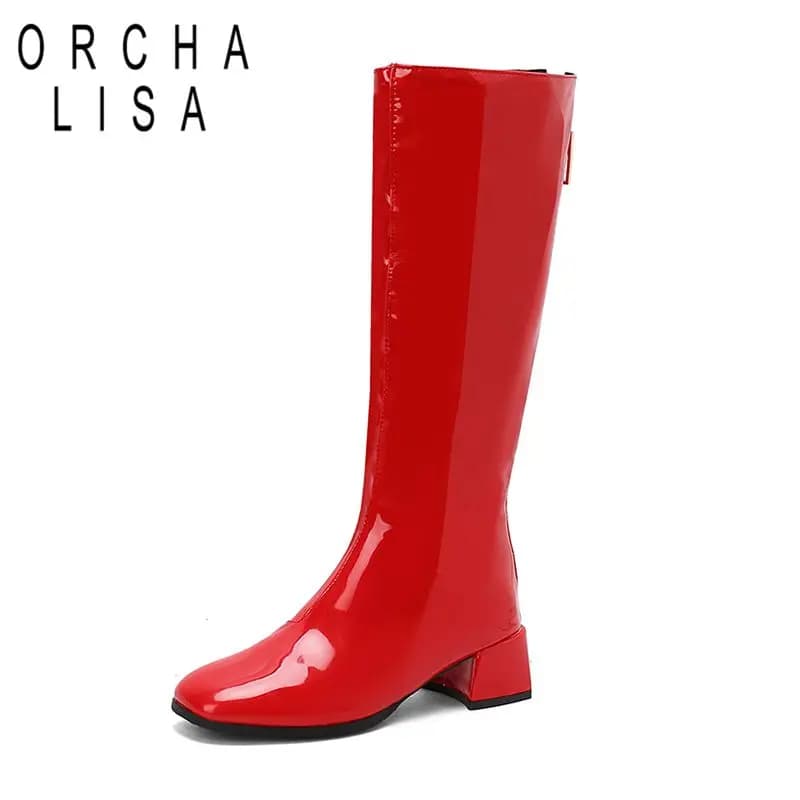 ORCHA LISA Luxury New Female Knee High Boots Square Toe Block Heels 4.5cm Zipper Large Size 44 45 46 Casual Daily Party Booties