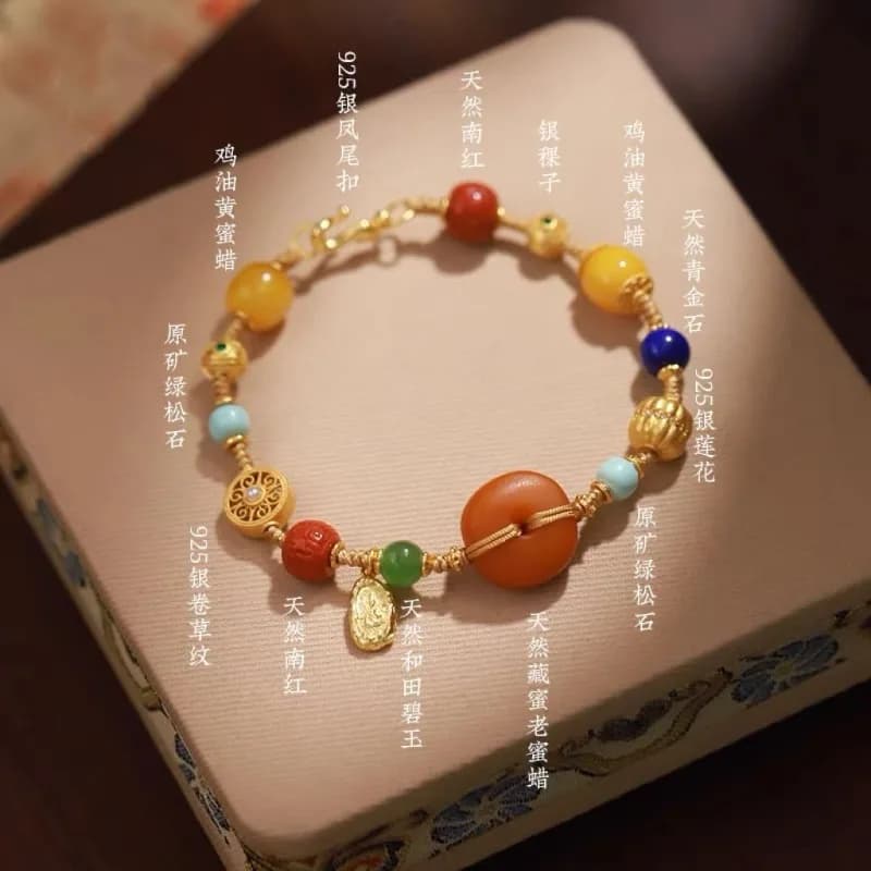 Original Designer Handwoven Natural Beeswax Nanhong Agate Multi Gem Tibetan Chinese Style Bracelet for Women Spiritual Gift