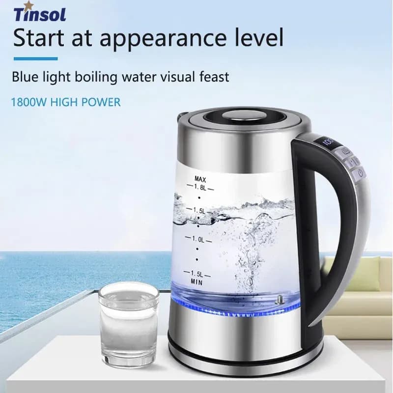 TINSOL 1.8 Liter Intelligent Electric Kettle High Borosilicate Glass Electric Kettle Stainless Steel Automatic Shutdown with Filter