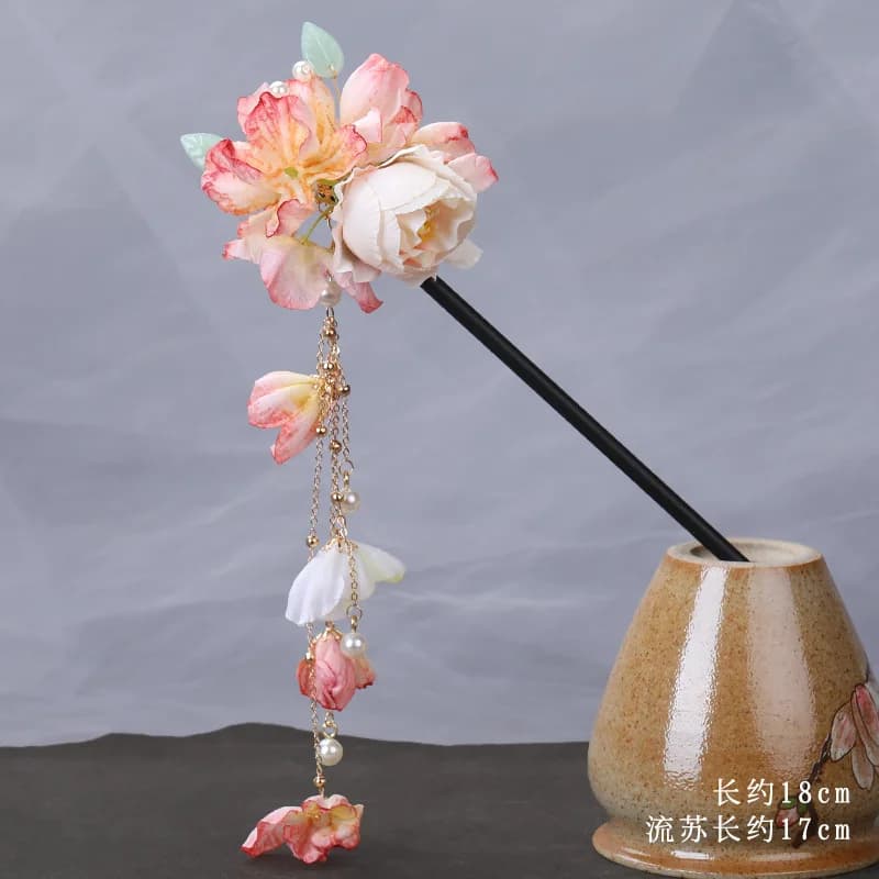 Bastoncino per capelli in legno Fiore cinese Hanfu Accessori per capelli per le donne Nappa di perle Forcina Bacchette di seta fata Forchette Gioielli da sposa