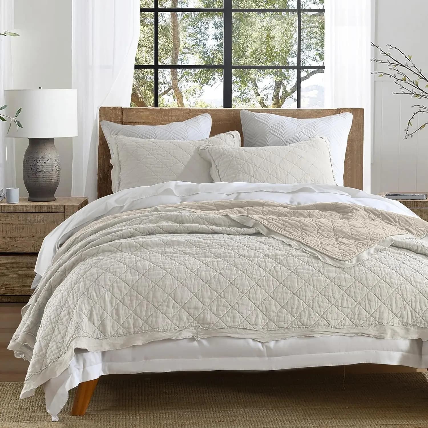 Set 100% Linen Cover Front Cotton Retro, Single Size, Beige Pre-Lavated in European Linen with Quilting in Rombi, Cover for All Seasons
