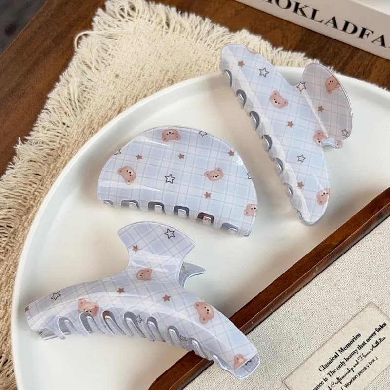 Haze Blue Plaid Bear & Star Claw Clip Fresh Sweet Shark Hair Accessory Soft Mist Blue Check Pattern Decorated Cute Bear Ornament