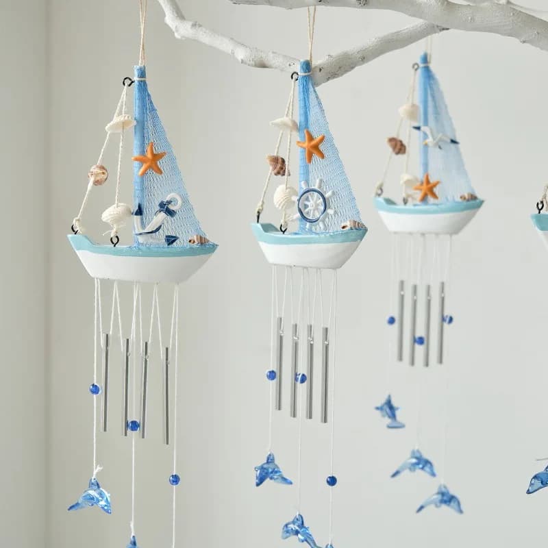 Mediterranean Creative Wind Chime Wooden Sailboat Model Home Decoration Small Boat Hanging Ornament