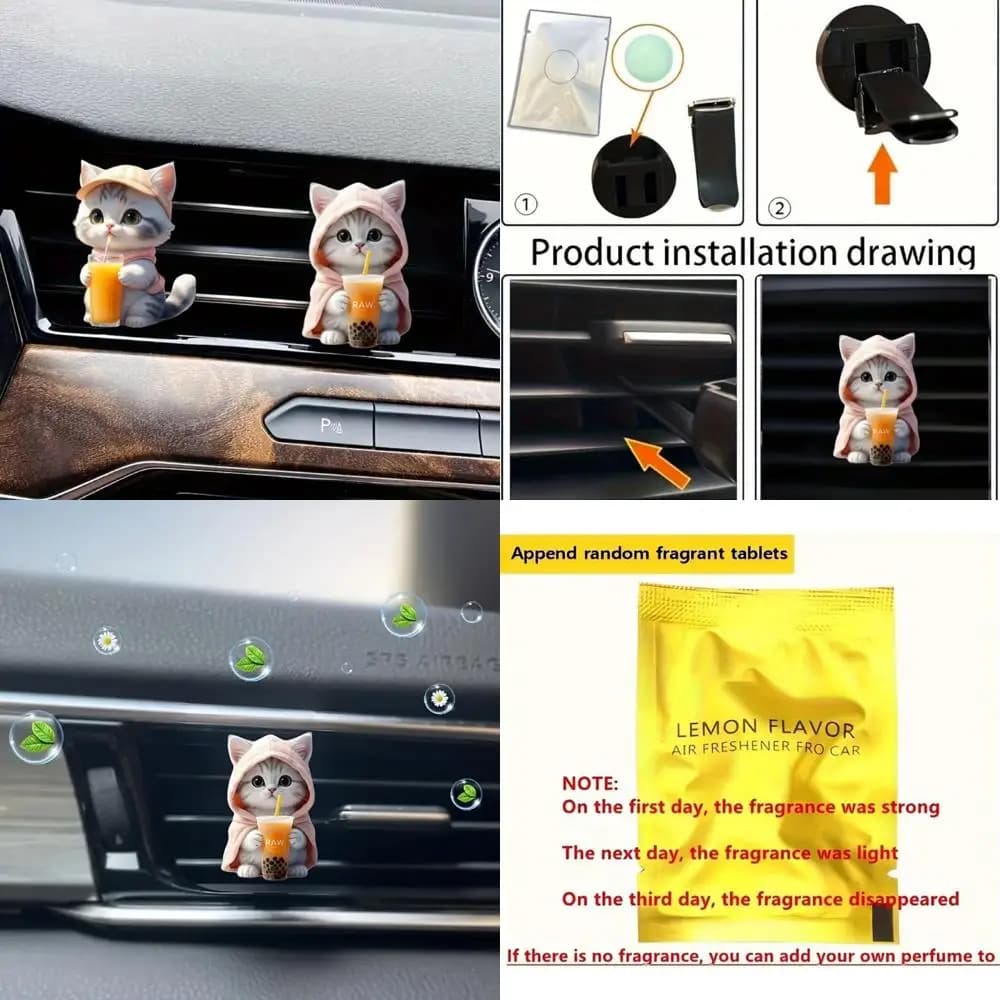 Confezione da 2 deodoranti con clip per presa d'aria per auto con motivo gatto carino in acrilico 2D - simpatica fragranza solida per prese d'aria per aria condizionata per auto, l