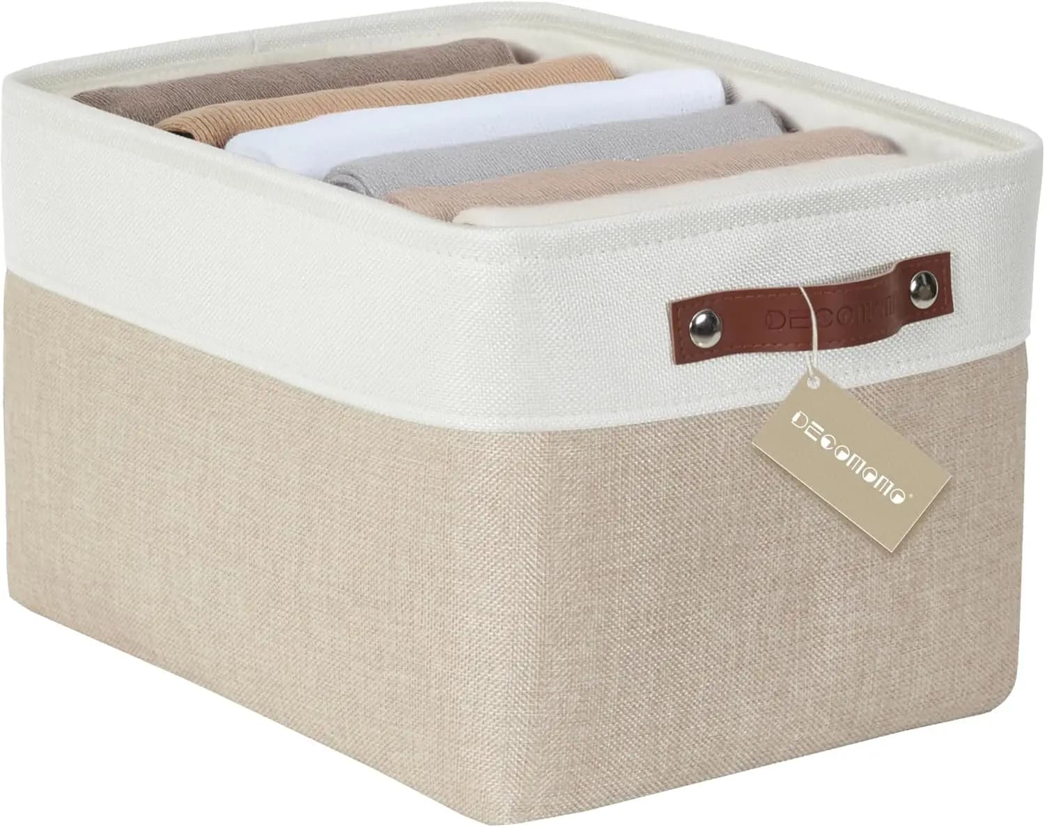 Grandi cesti portaoggetti in tessuto per scaffali, organizer decorativo per armadio in lino, 15x11x9,5 pollici, beige e bianco
