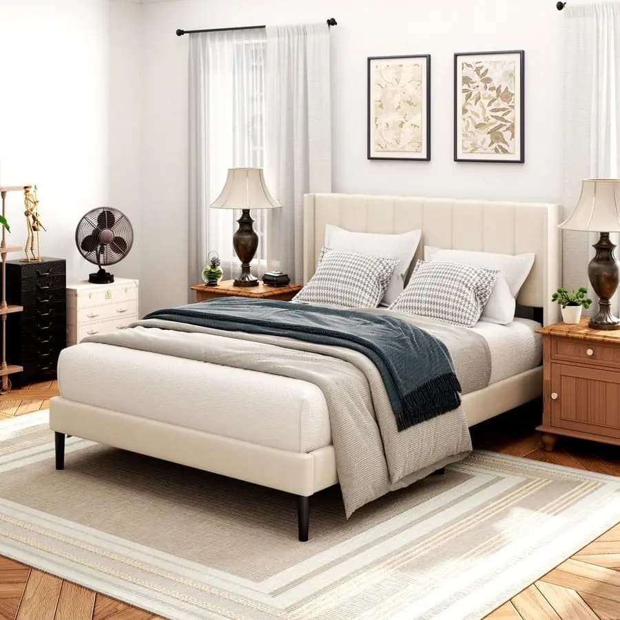 Bed structure with headboard, Queen Size double bed with quilted vertical channel headboard, does not require mesh, base for mattress, easy to mount