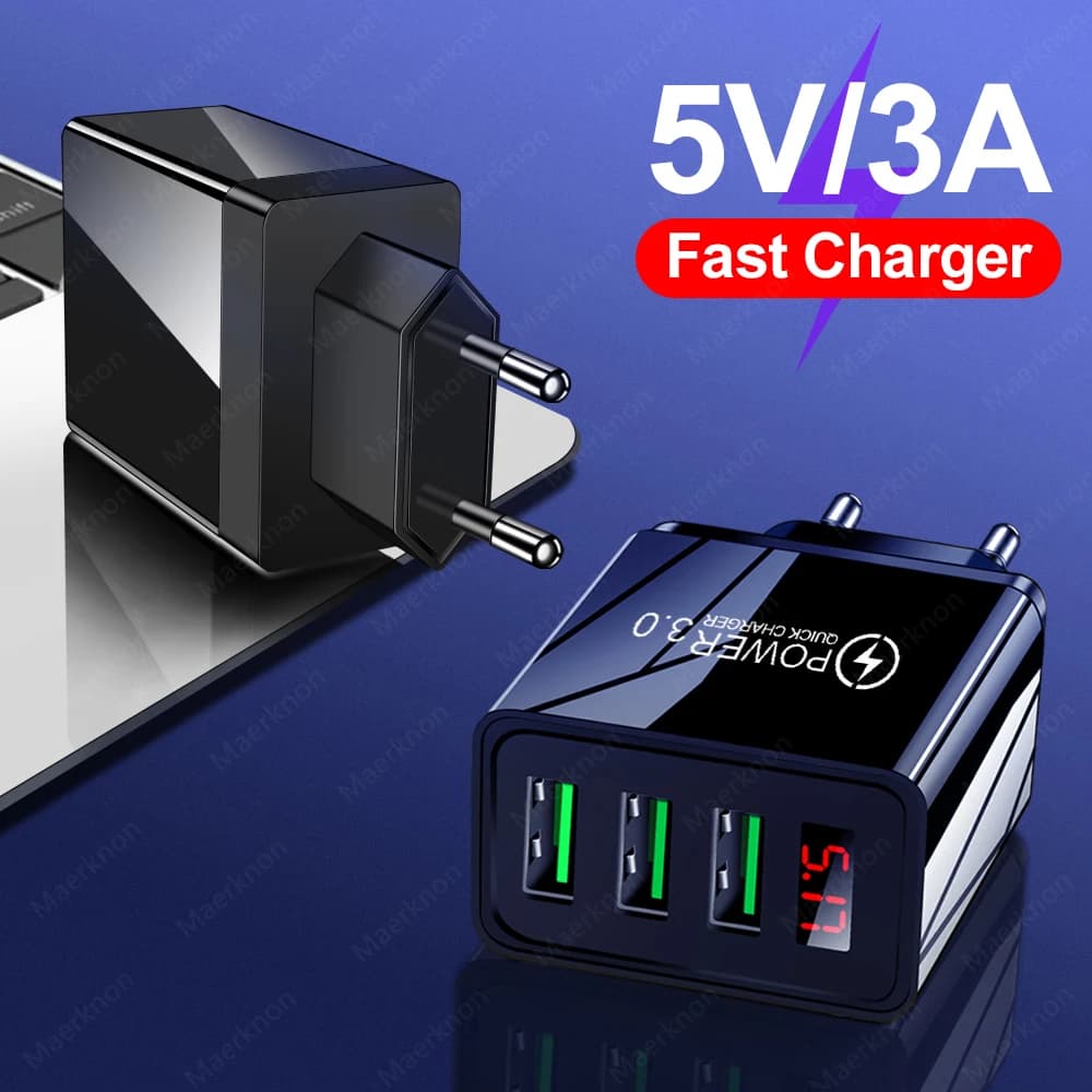 3A USB Charger Digital Display 3 Ports With LED Fast Charge Phone Adapter For Samsung Xiaomi Huawei EU/US/UK Plug Wall Charger