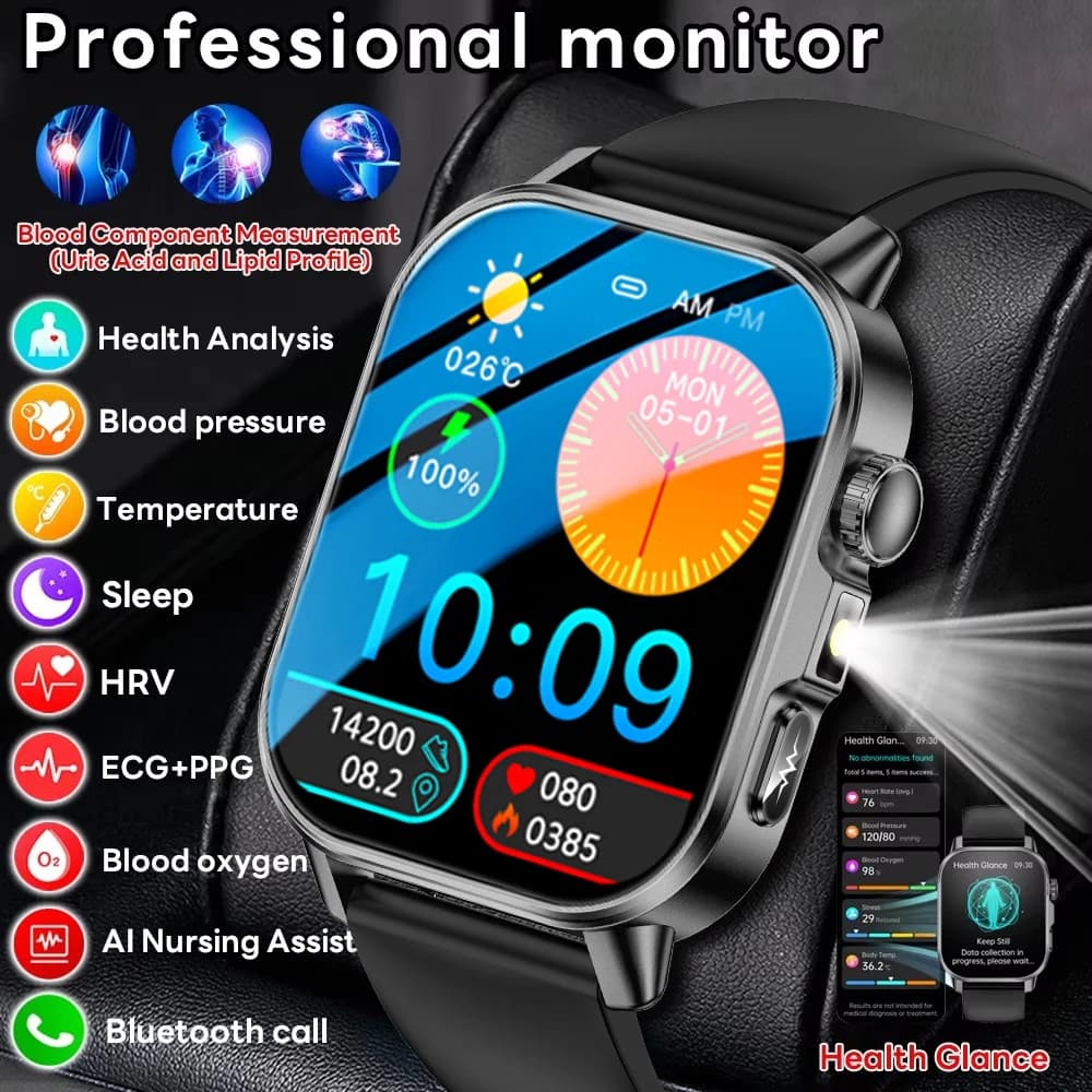 Nuovo Smartwatch 2026 per Esami Fisici e Salute, Misurazione Pressione Sanguigna, Acido Urico, Lipidi, Torcia, per Uomo e Donna