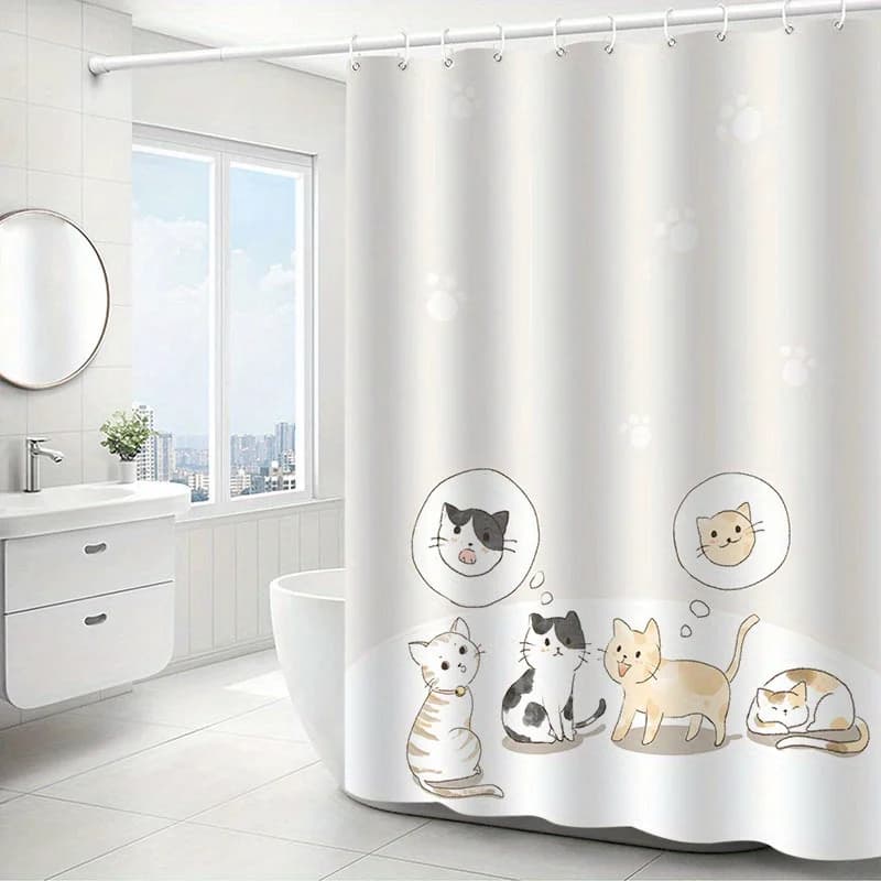 Accogliente tenda da doccia con gattino cartone animato: poliestere impermeabile, illustrazioni di gatti giocosi, arredamento per il bagno per tutte le stagioni
