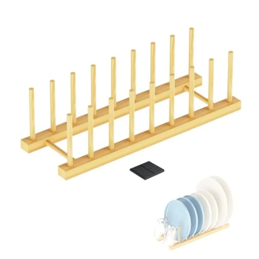 Bamboo Dish Drying Rack, Plate Organizer for Kitchen Cabinet, Vertical Plate Lid Holders for Plates, Cups, Cutting Boards, Uten