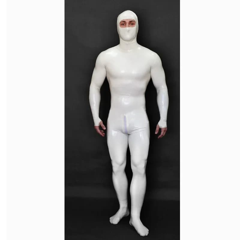 Catsuit in lattice bianco per tutto il corpo da uomo Body in gomma per ingresso viso Mezzi guanti Stile anello per dito con cerniera sul cavallo