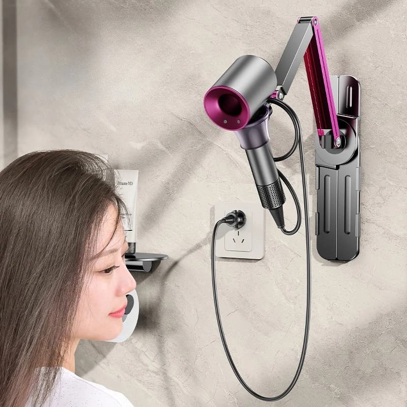 Supporto da Parete Regolabile per Asciugacapelli, Braccio Estensibile per Soffiatore da Bagno, Supporto Girevole Retrattile per Styler
