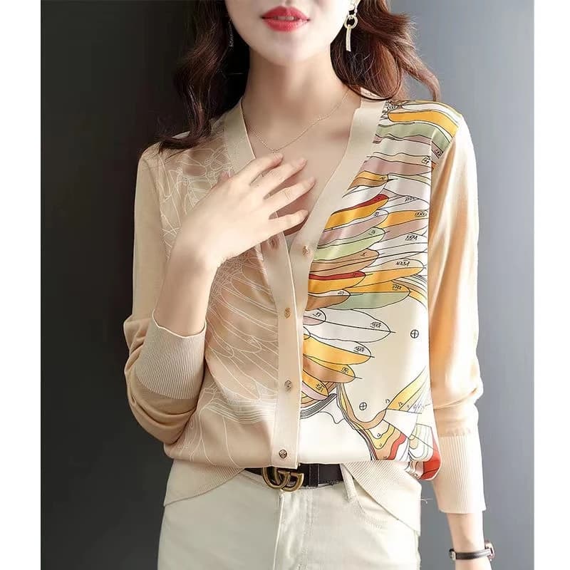 2023 spring new collar to korean slim mesh loose long sleeve press chiffon splicing sun protection air conditioning small cardigan woman