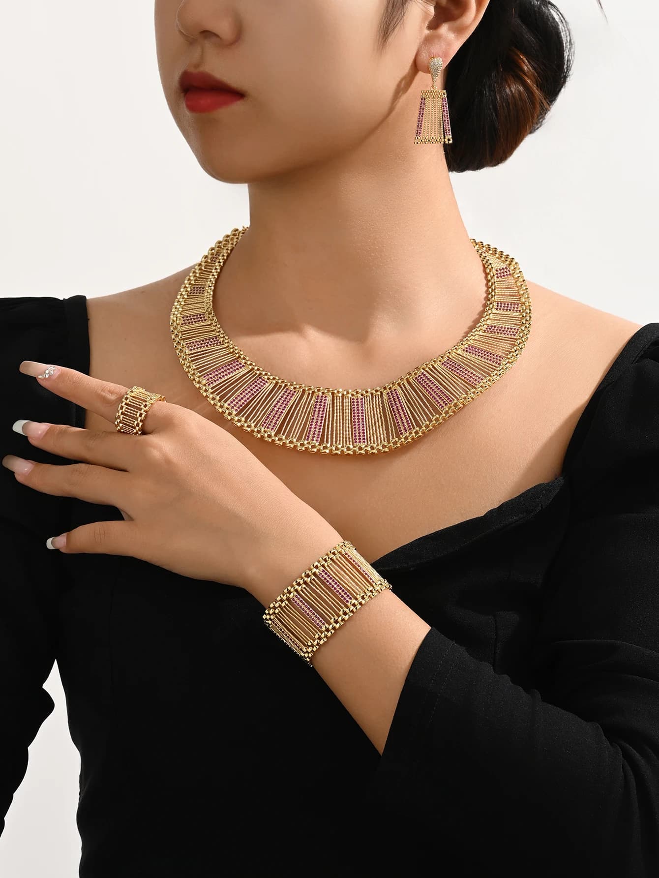 Set di gioielli placcati in oro 18 carati da 5 pezzi/set - stile originale da donna squisito - collana audace e unica, orecchini, bracciale, anello