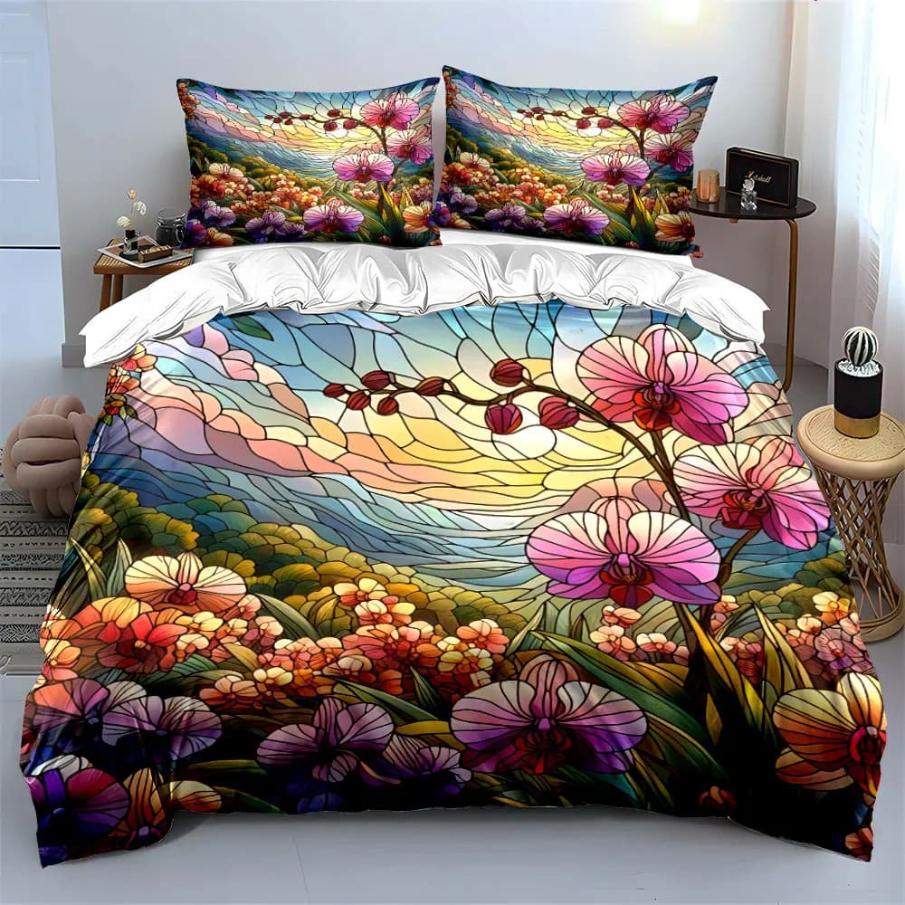 Set di biancheria da letto "Orchid Art Decor Set" con 1 copripiumino e 2 federe, singolo, matrimoniale, king size, queen size, regalo
