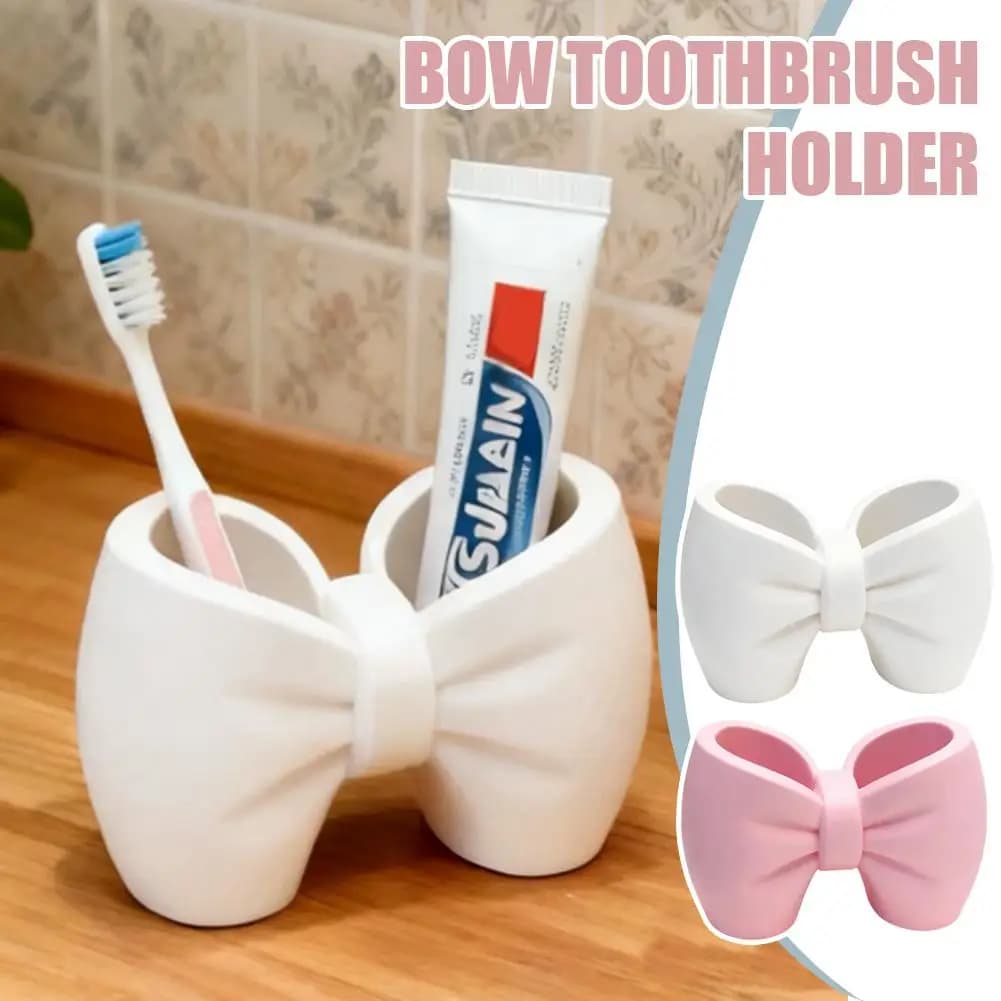 Nuovo Portaspazzolini con Design a Fiocco, Portaoggetti Multifunzionale di Alta Qualità per Spazzolini e Dentifricio, Portapenne Rosa e Bianco con Fiocco
