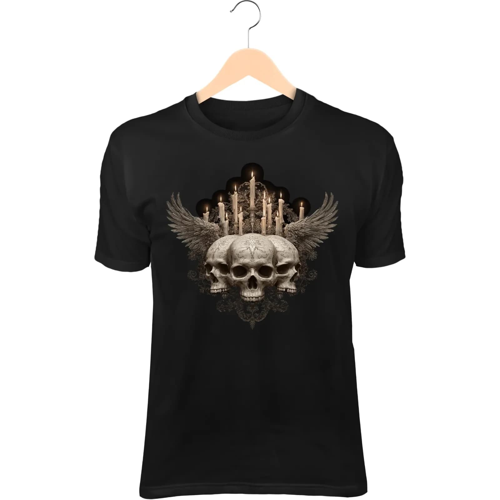Two-Headed Skull Demon T-Shirt - Stitched Faces, Gothic Runes & Floating Candles
