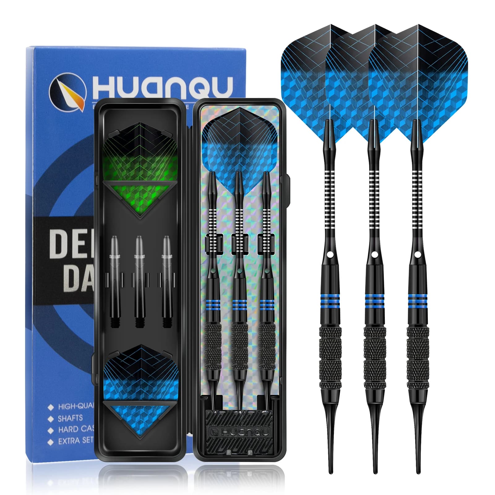 Set di Freccette Professionali Huanqu 16g, Freccette con Punta Morbida Sicure, Include Alette Blu e Verdi, Aste Extra, Punte Sicure, Scatola Nera, Sezione Antiscivolo per Maggiore Presa, Adatte per Allenamento e Intrattenimento Indoor e Outdoor Ideale per regali di compleanno e regali di festa
