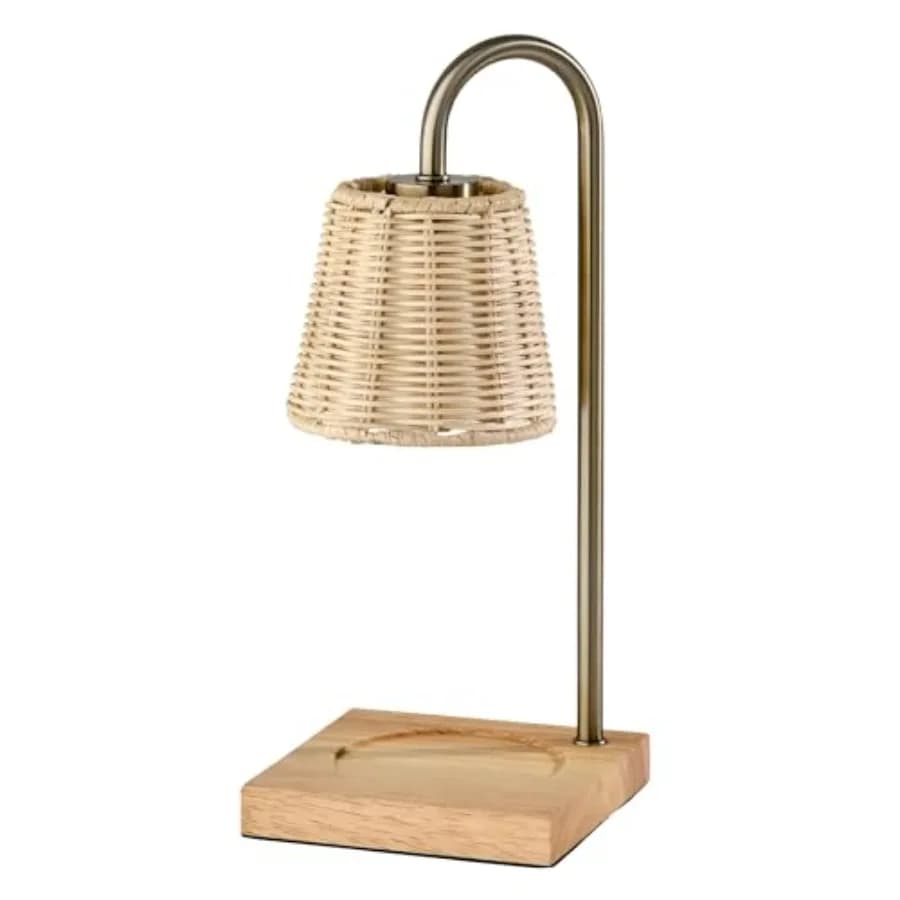Lampada Scaldacandele Senza Fiamma con Timer Regolabile e Luce Dimmerabile, Lampadina Inclusa, Base in Ottone Anticato e Rattan