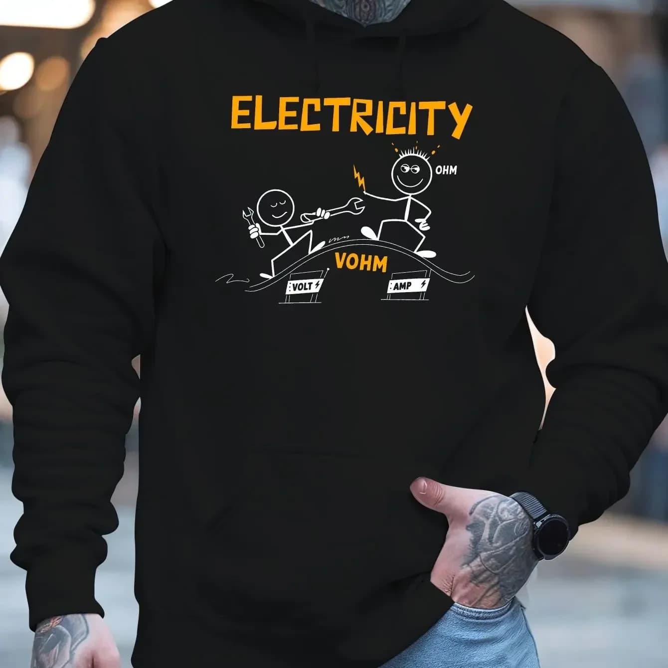 Funny Electricity Stickman Graphic Hoodie Unisex Oversized Pullover Physics Themed Casual Long‑sleeve Sweatshirt