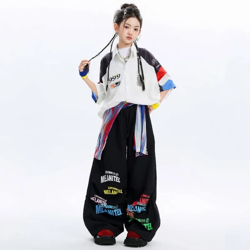 Kids Summer Street Dance Costume Girls Graphic Crop T-shirt Multi Pocket Red Cargo Pants Kpop Jazz Team Practice Stage Wear