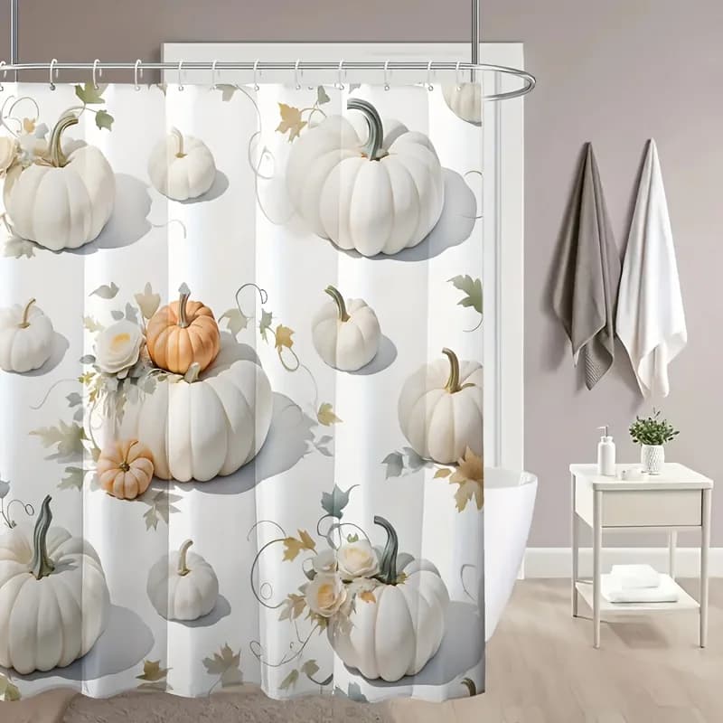 Tenda da doccia autunnale con motivi di zucca 72x72 in poliestere lavabile – Motivi floreali rustici e foglie d'acero su sfondo crema con 12 ganci