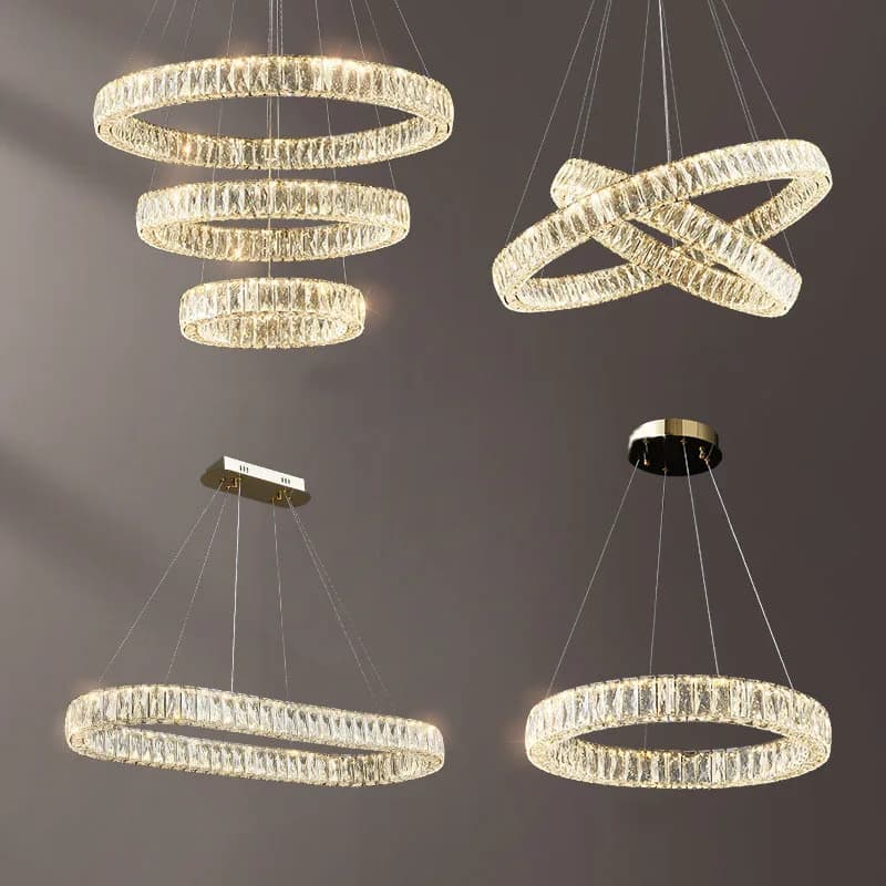 Lampadario di cristallo di lusso Anelli rotondi Lampada a sospensione moderna a LED Hall lungo Soggiorno Lampada a sospensione in oro argento con telecomando