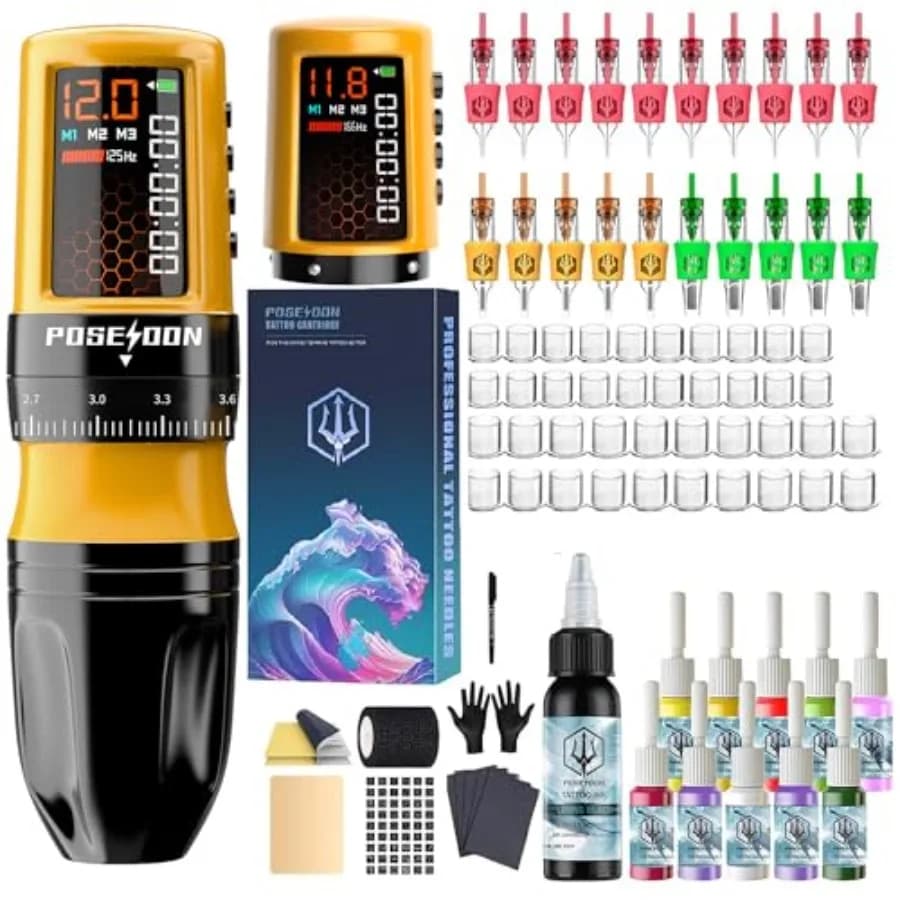 Kit Penna per Tatuaggi Wireless con 20 Aghi per Cartucce Tattoo, 11 Inchiostri, 2 Batterie per Tatuaggi, Macchinetta Portatile con 7 Modalità di Scatto