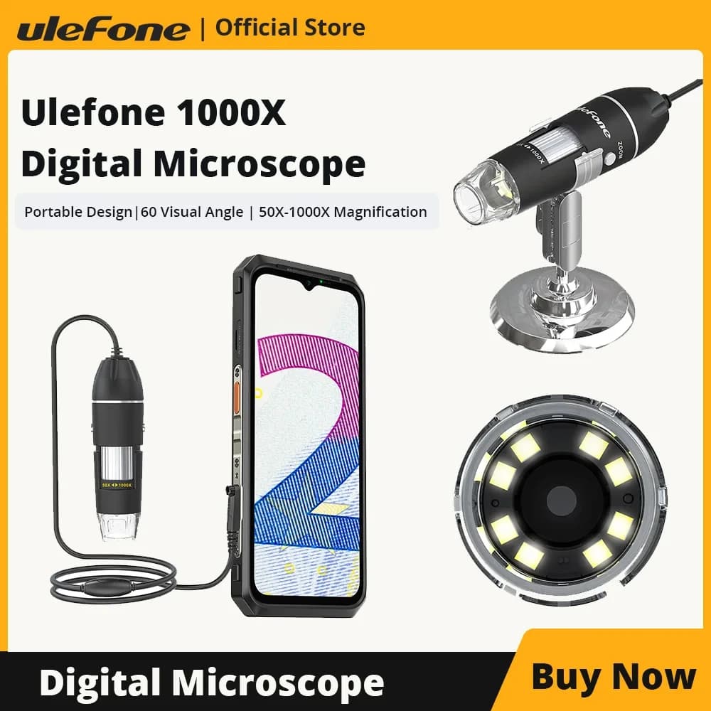 Ulefone 1000X Fotocamera per microscopio digitale 8 luci LED regolabili per Armor 27T, Armor 26 Ultra, Power Armor 18T, Power Armor 19