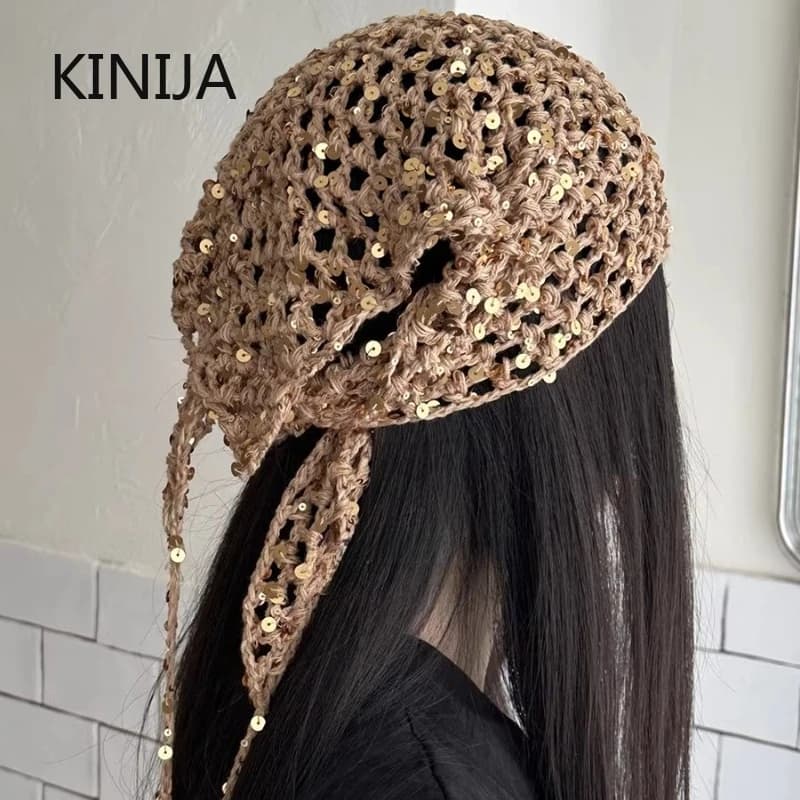 Triangular Scarf Maid with Paillettes Style Ins, Versatile for Active Travel and Photo, Casual Y2K, Beret and Hairband