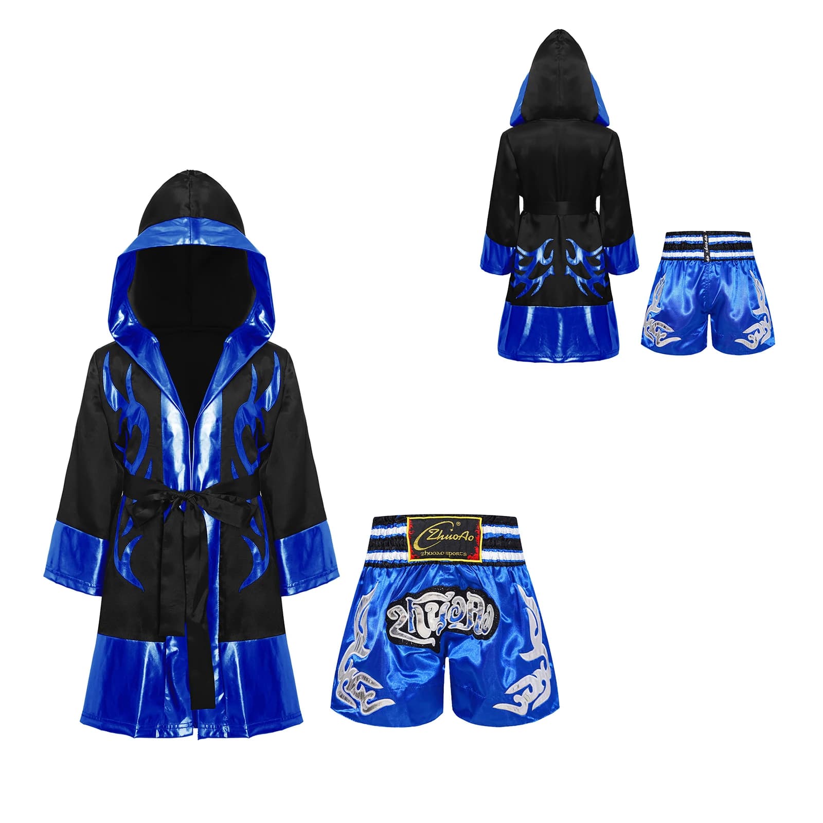 Boys Girls Boxing Hooded Robe Halloween Theme Party Boxer Cosplay Costume Open Front Fighting Training Cloak with Belt Shorts